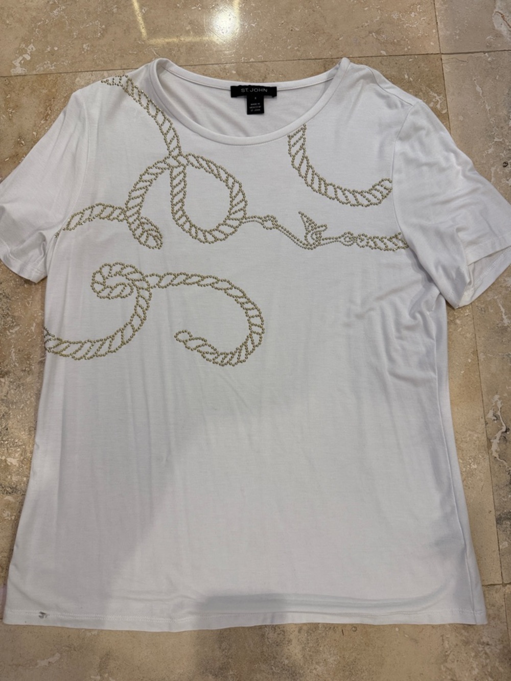 St. John White Short-Sleeve Tee with Gold Rope Motif